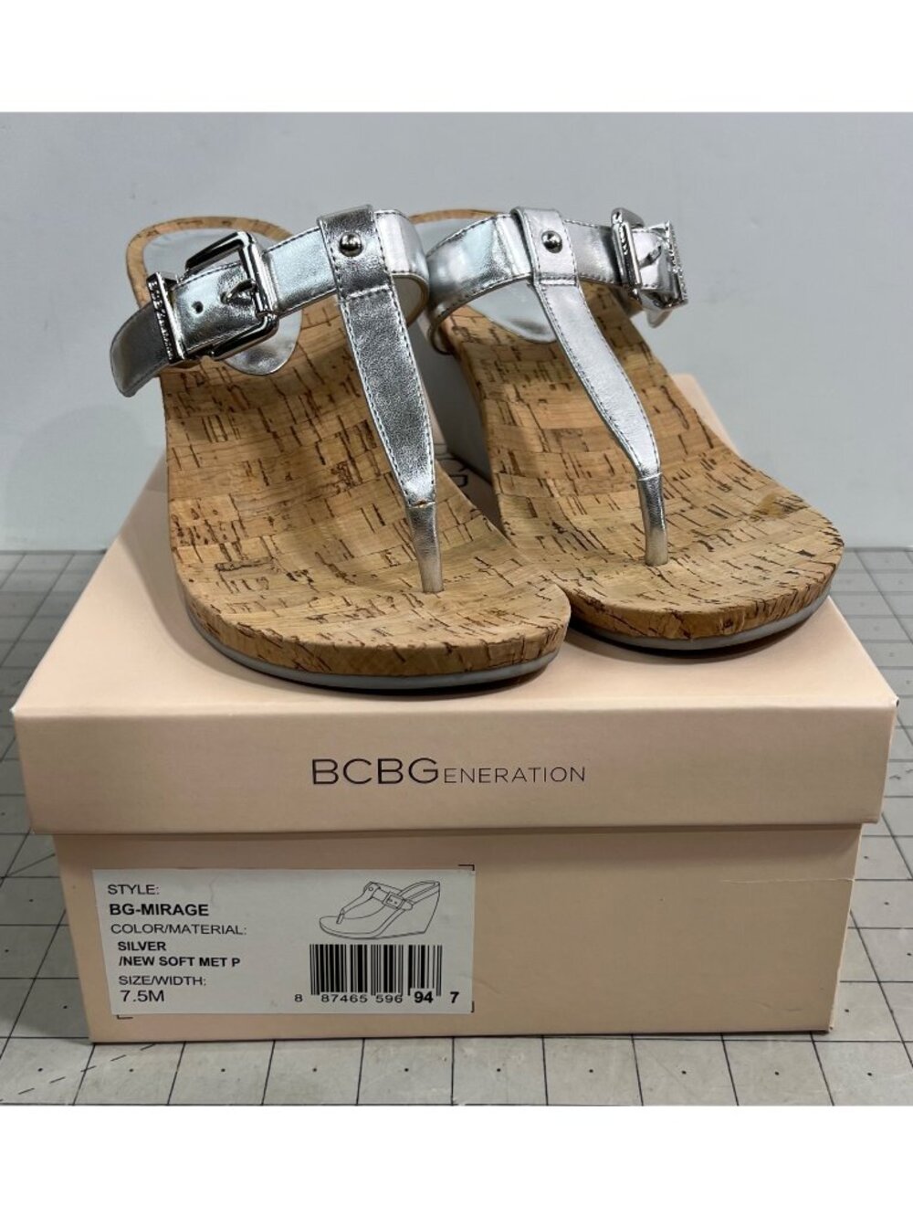 BCBG Generation BG-Mirage Silver T-Strap Wedge Sandals 7.5M Cork Sole Women's